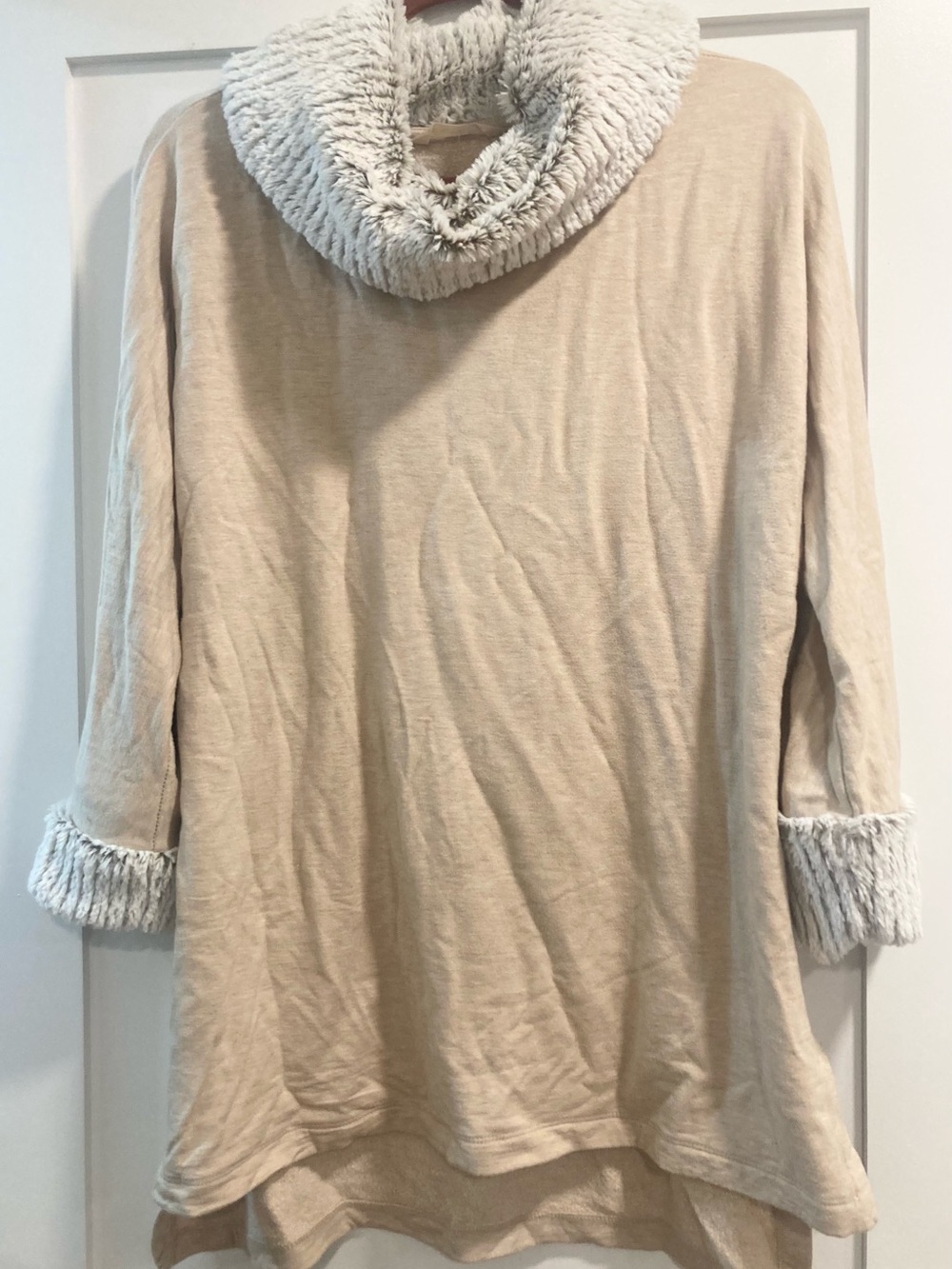 Soft Surroundings Apres style soft oatmeal hue faux plush fur cowl neck tunic